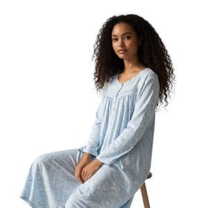 Eileen West EW Light Blue Floral Lace Trim Button Front Ballet Nightgown